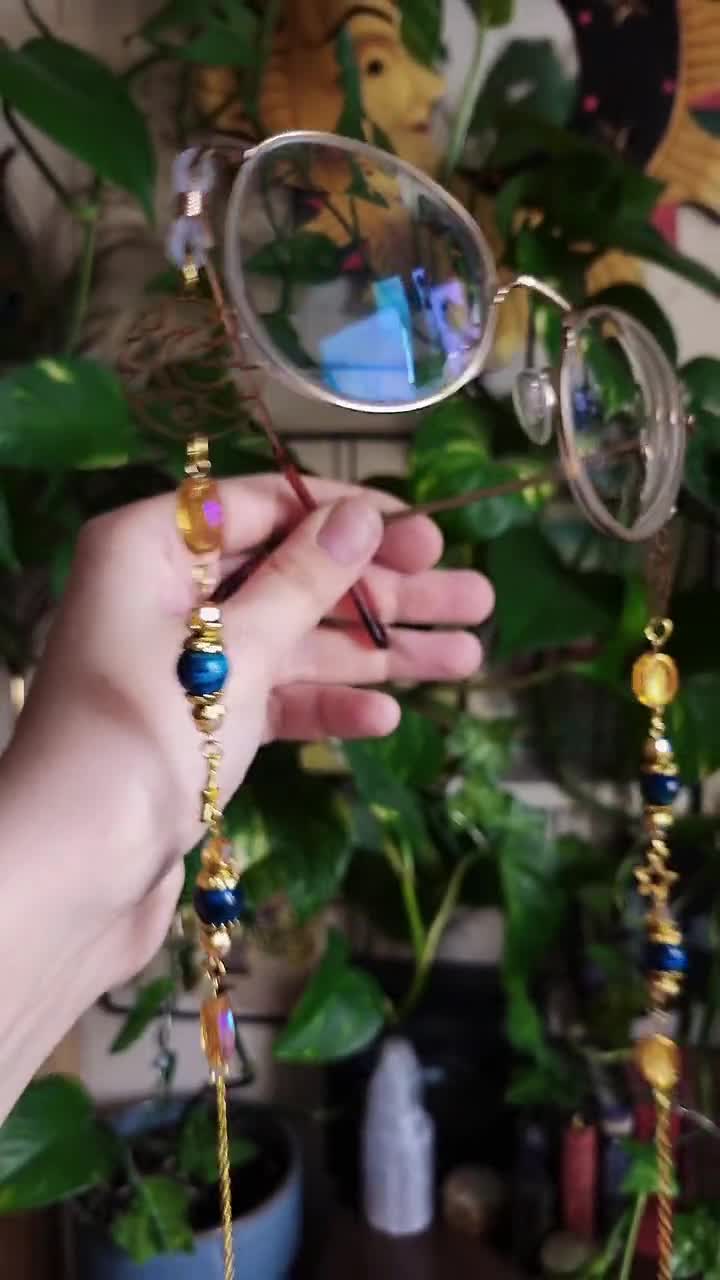 Blue and Gold Gemstone Glasses Chain, Handcrafted Glasses