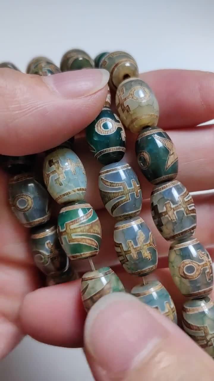 25個入り 古代グリーンチベット瑪瑙 Dzi ビーズ 10 x 14 mm 幸運の瑪瑙