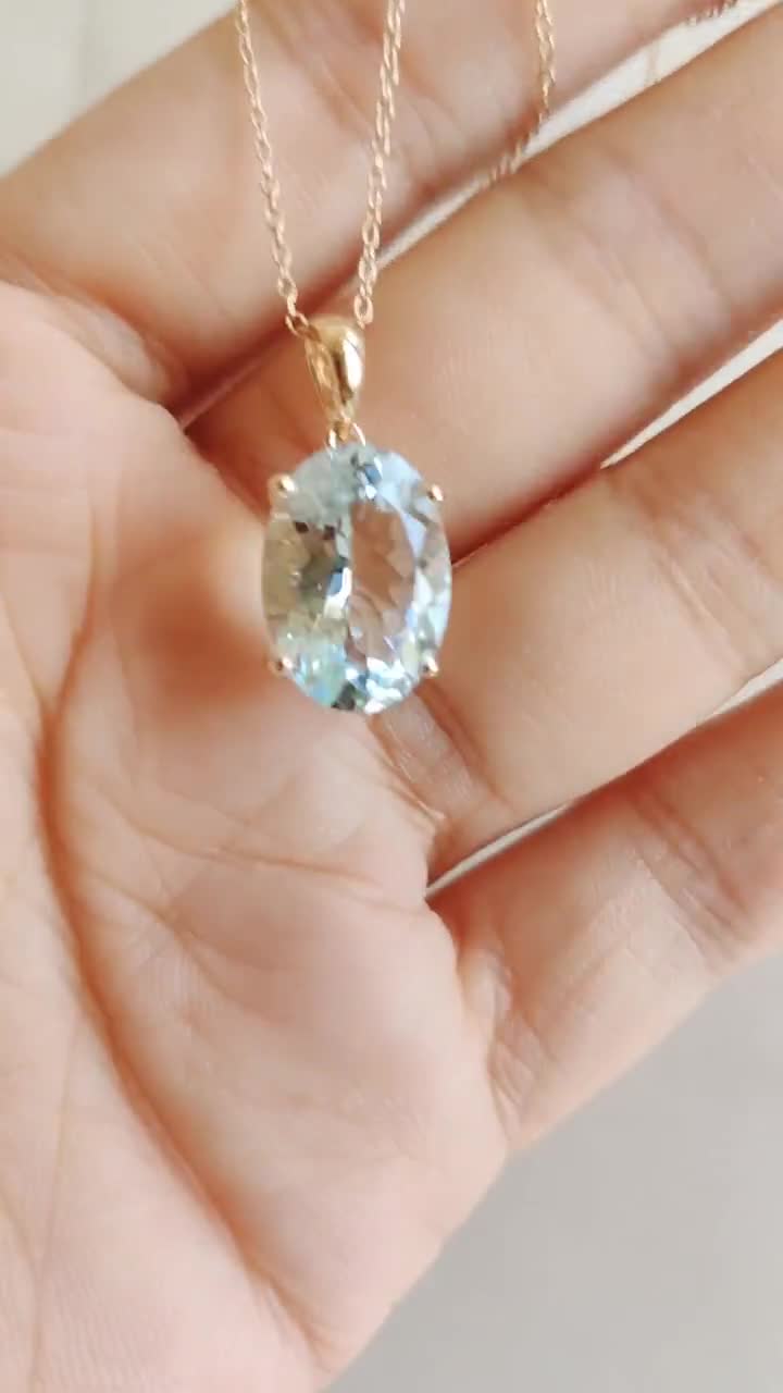 14Kソリッドイエローゴールド天然アクアマリンペンダント - オーバル 3