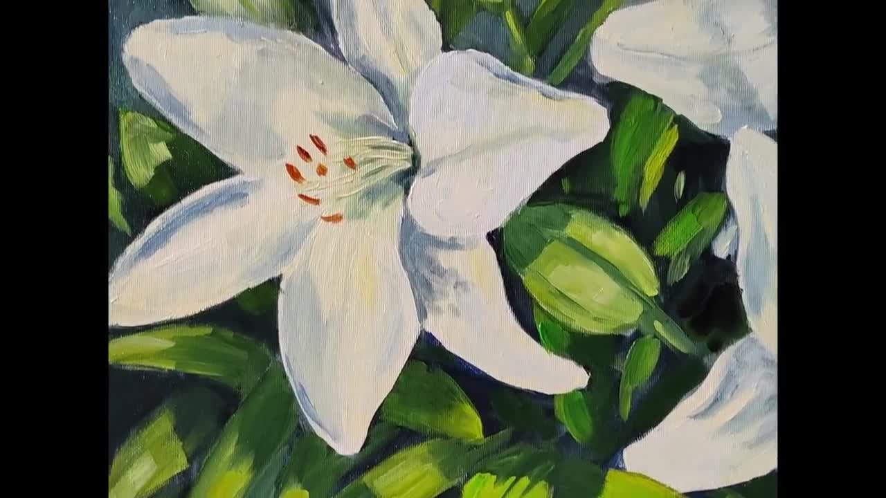 油絵、白いユリの花、花の風景、13.8 x 17.7 インチのキャンバスに張