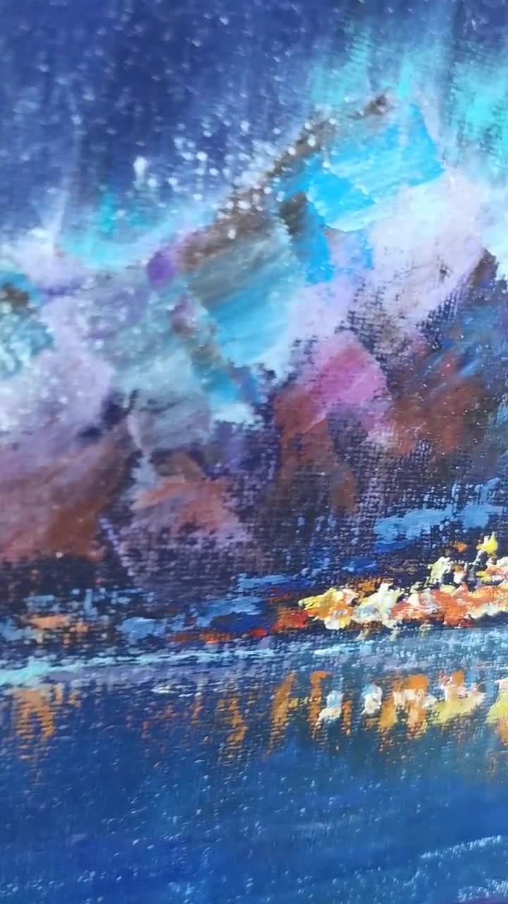 オーロラ油絵：ノルウェーの山の風景、オーロラアート（20x16インチ