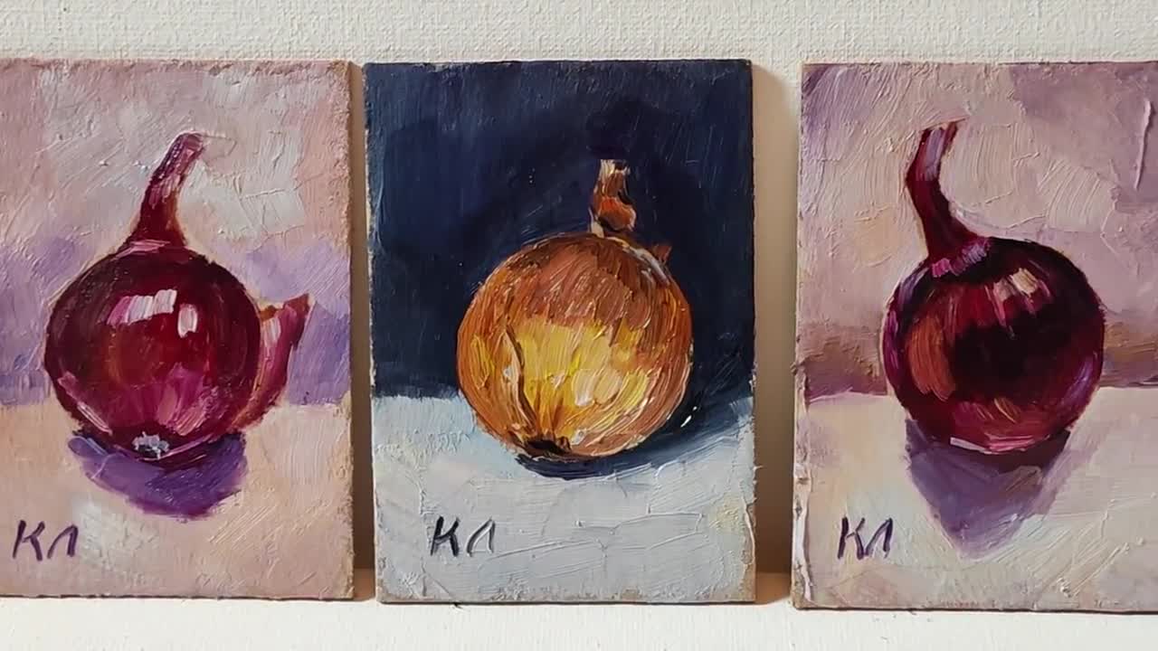 タマネギの静物画：ACEO 油絵、キッチン装飾（2.5 x 3.5 インチ