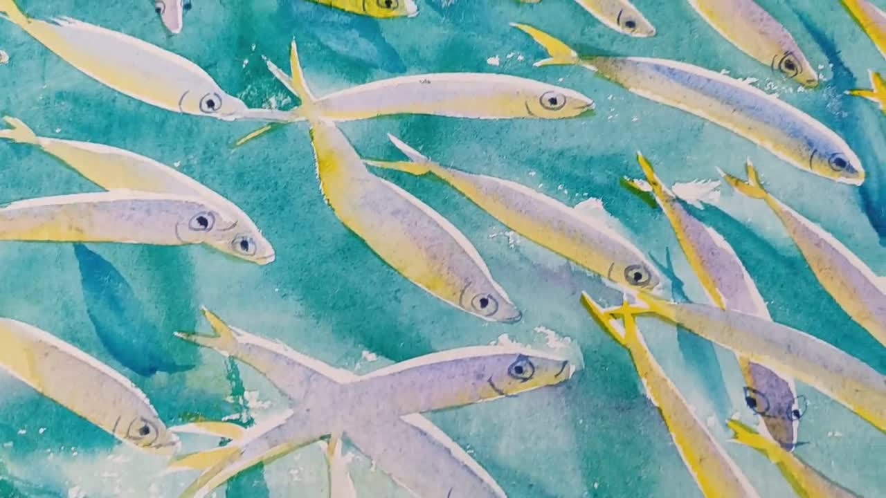 カリブ海の青い魚の水彩画：オリジナルの海の美術作品、16x12インチ