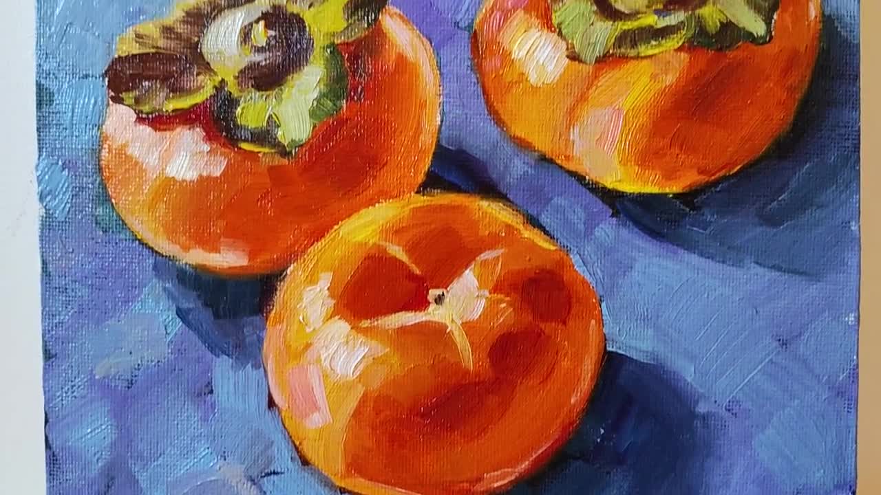 Miki 静物画 柿 インテリア 絵画 油絵 柿の油絵：小さな果物の静物画、キッチンの装飾（7.8x7.8インチ
