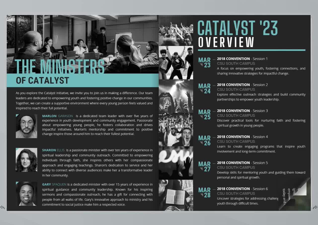 Plantilla de programa de conferencia juvenil para Canva: folleto azul de 8 páginas de Catalyst Church (8,5 x 11), descarga digital video poster
