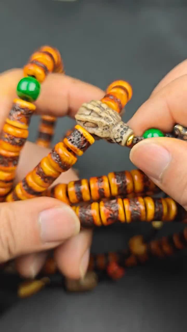 古い10 mmヤク骨カパラネックレスマーラ：チベットロザリオ108数珠