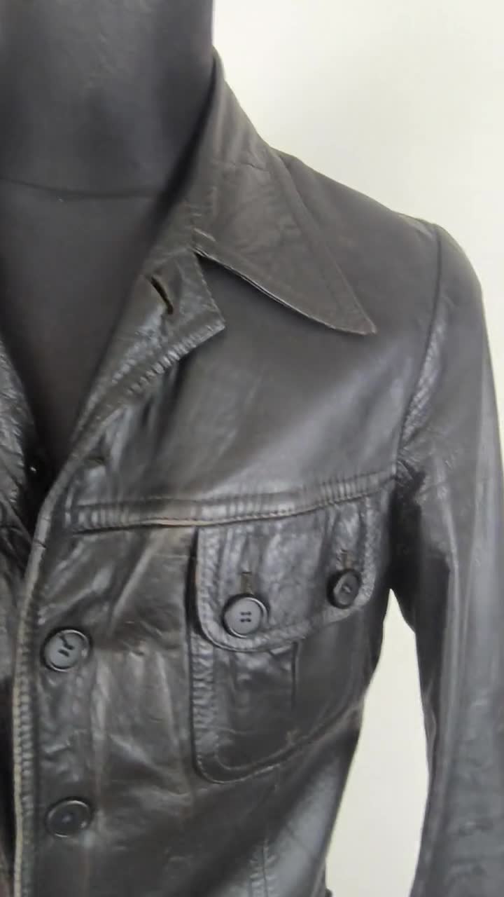 Black Leather Jacket Vintage 1970s Men's Safari Jacket, Medium