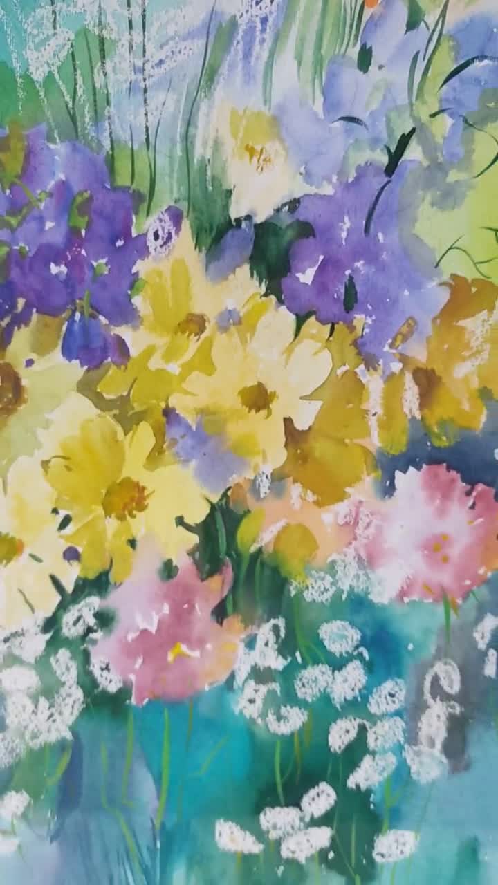 紫色の花の水彩画 19x13 オリジナルアートワーク カラフルな花のアート
