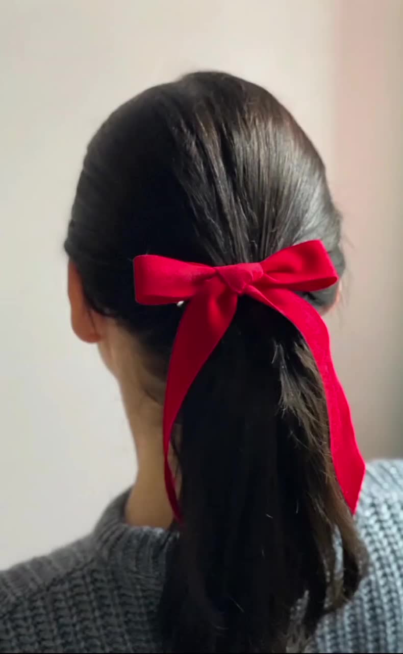 Red Ribbon Hair Bow  Black red hair, Ribbon hair bows, Low ponytail
