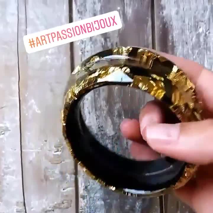 Resin Bangle With Golden Flakes Black and Gold Bangle Metal 