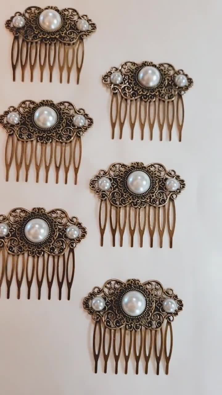 Bronze Pearl Comb, Gold VICTORIAN HAIR COMB With Ivory Pearls