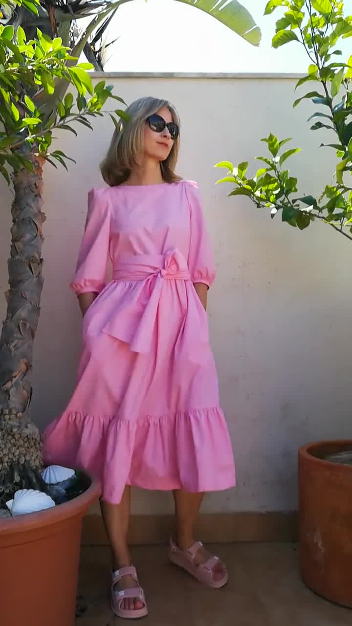Cotton, Puffed Sleeve Tiered Dress with Belt and Pockets, Handmade in Spain * Aster
