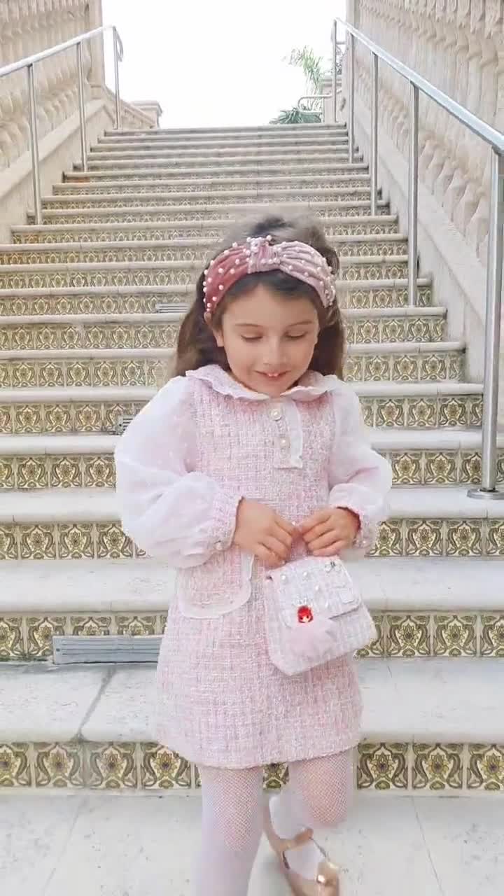 Toddler Girl 100% Cotton Doll Collar Button Design Long-sleeve Tweed Dress