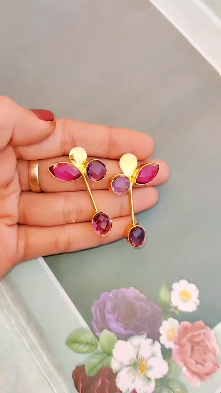 Rubellite & Amethyst Quartz Designer Earrings | 42mm 22kt Gold Plated  Handmade Earrings | Faceted Gemstone Earrings | Party Wear Earrings