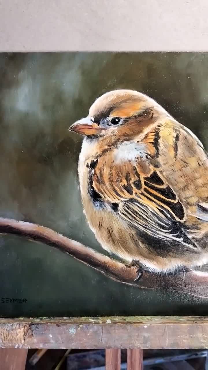 鳥の油絵オリジナル、木製動物画オリジナル鳥のアート額入り