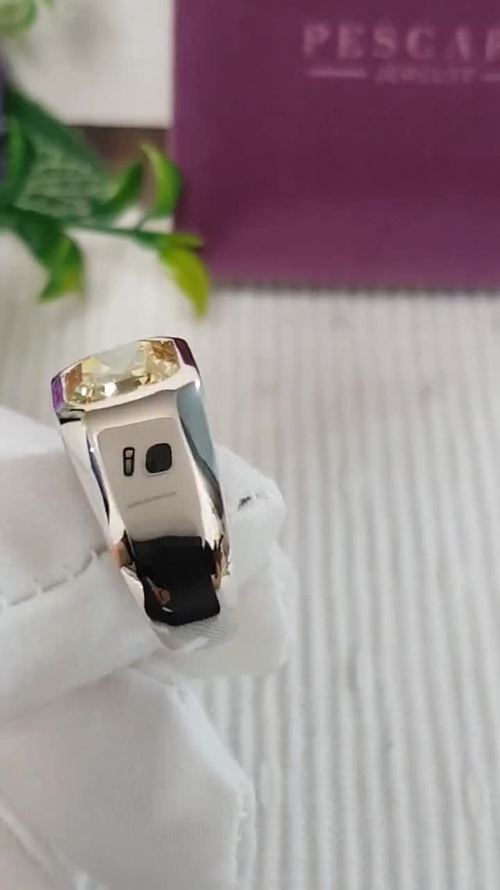Light Canary Yellow Asscher Cut CZ Mens Ring - Male Ring