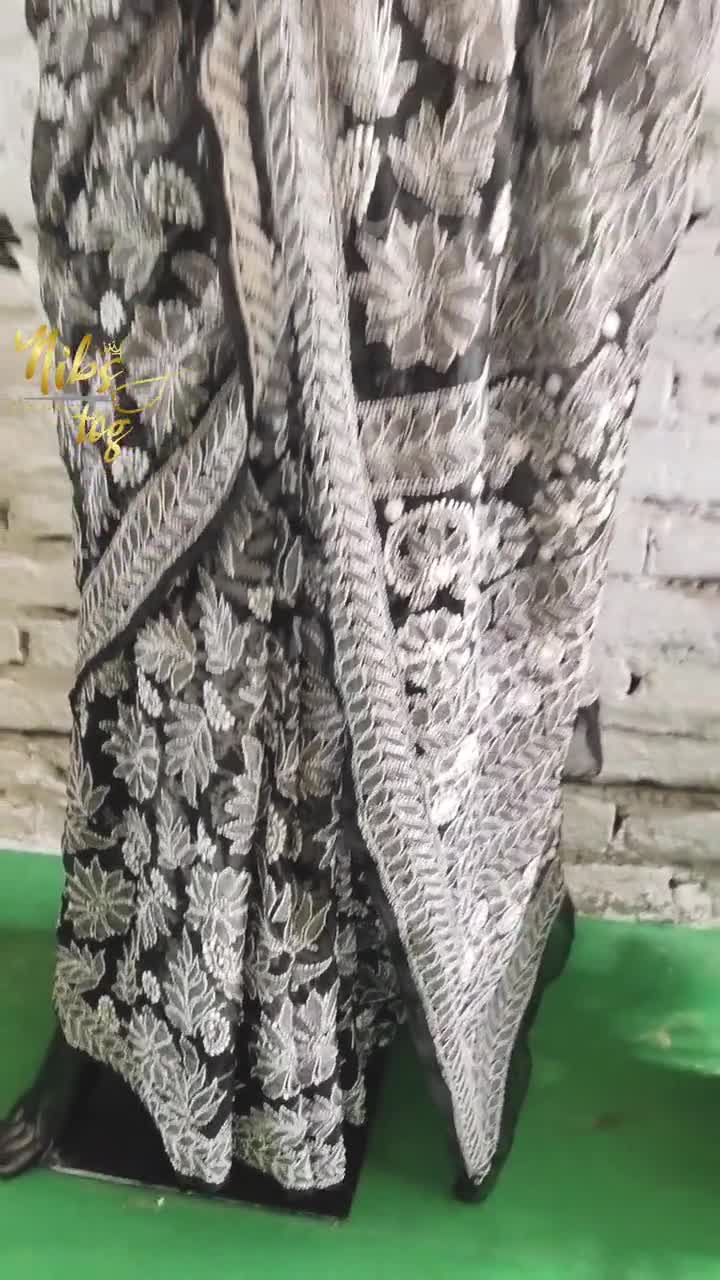 Handmade Black Georgette Chikankari Saree for Women With FREE Body Shaper,  Fall Pico Done Bridesmaid Wedding Saree Festival Wear Sari 