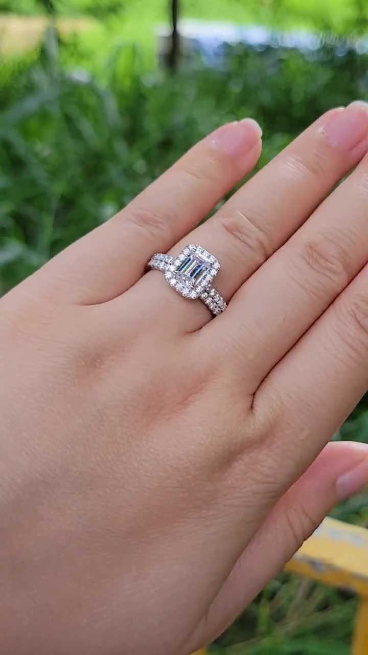 Women's Sterling Silver Plated Emerald Cut CZ Engagement Ring - Sizes 6-9, Wedding Band Style