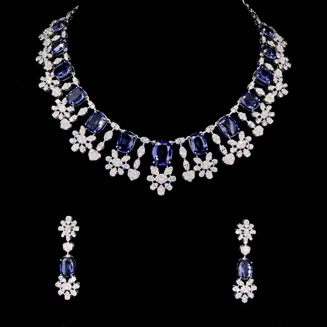 Lab Grown Diamond Necklace Set: 14k White Gold Bridal Cluster, Silver Option, image size:1080x1080