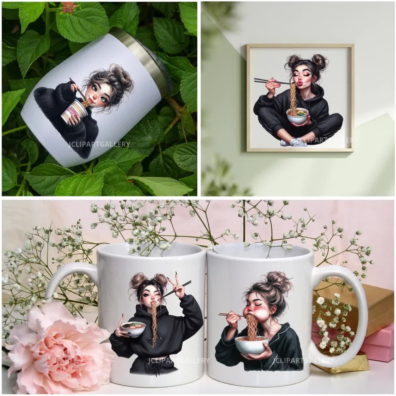 ☺︎ Quirky Noodle Lover Girl Clipart, Funny Girl Clipart, Cute