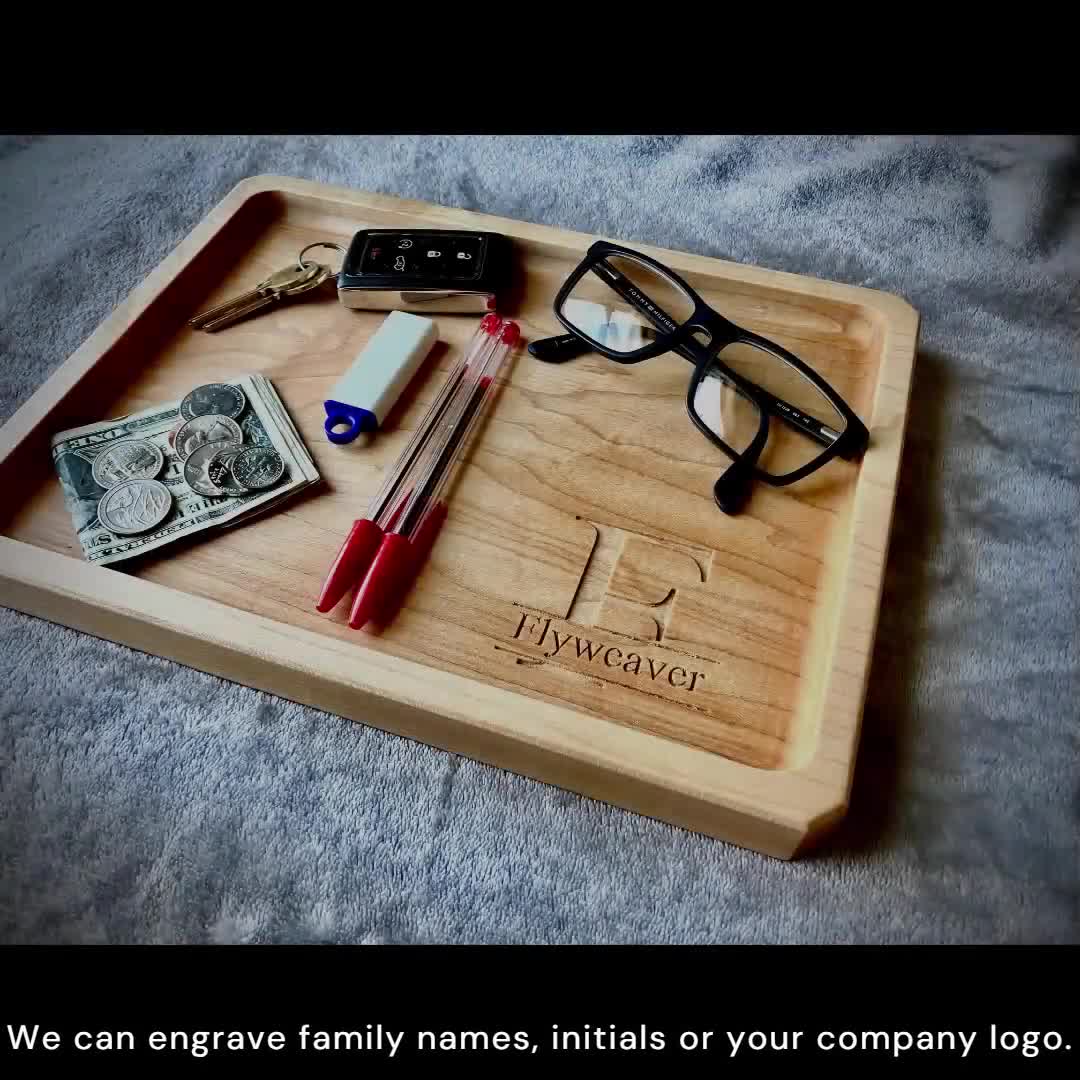 CATCH TRAY CARVED in Solid Walnut with 3D Relief Graphic 2024 and Engraved with Monogram Initials & Name. Unique, Personal Gift for Him or Her.