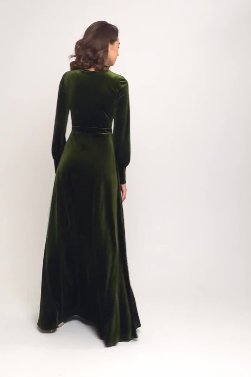 Short Velvet Frock Images Olive Green Emerald Green Velvet Maxi Dress:  Elegant Long Sleeve Gown, Fall