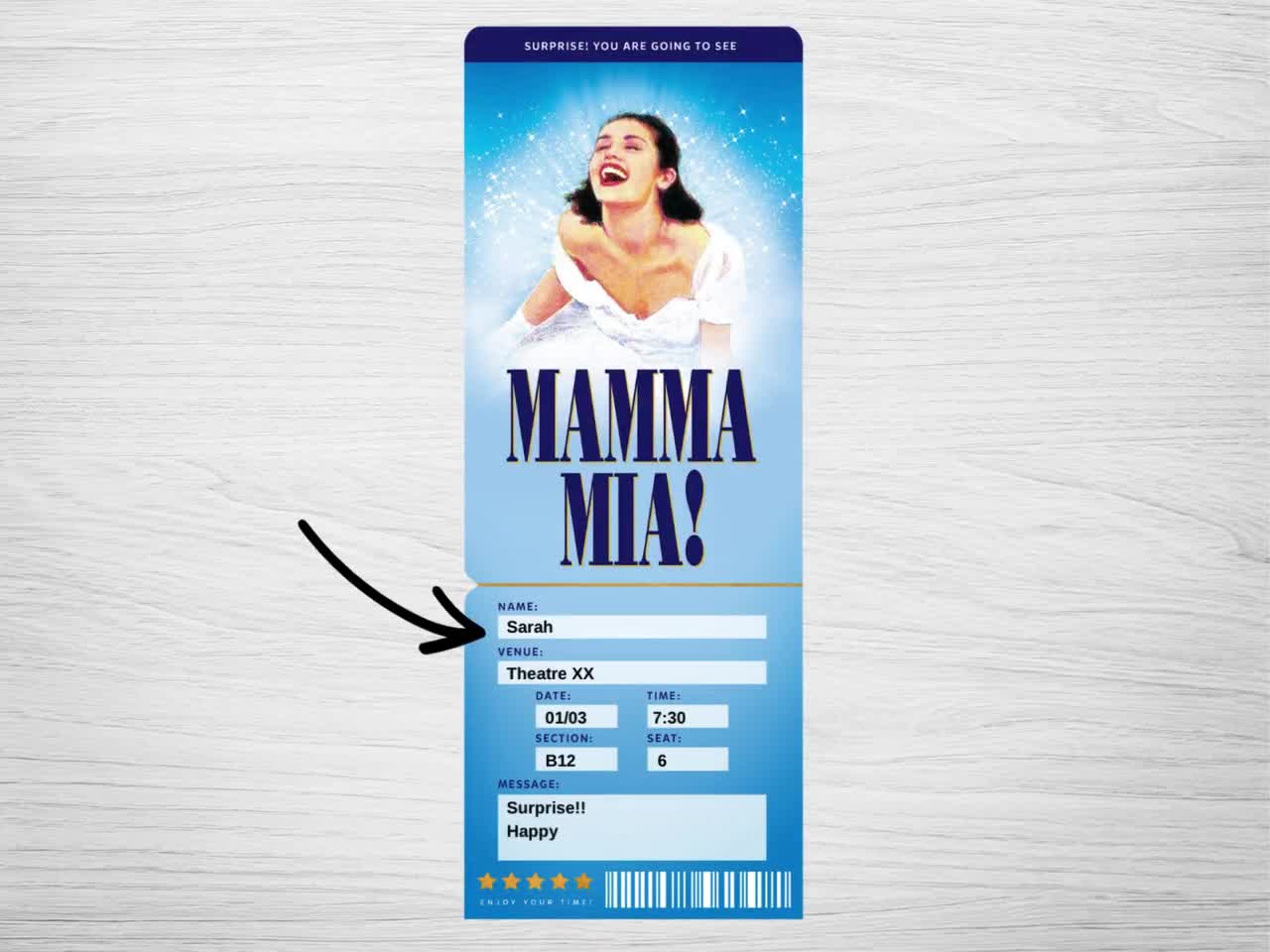 Printable Mamma Mia Broadway Surprise Ticket, Mamma Mia Musical Collectible  Theater Ticket, Editable Musical show Theatre Admission Souvenir