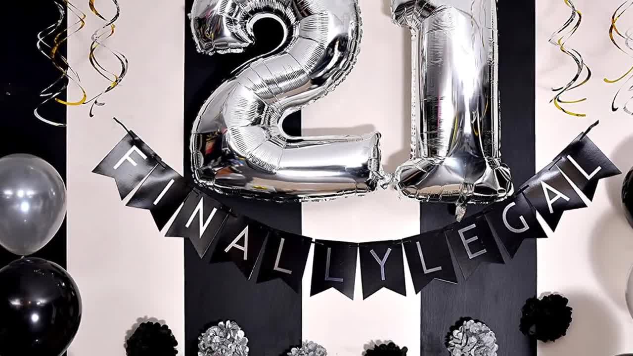 21st Birthday Party Pack Black & Silver Happy Birthday Bunting, Poms, and  Swirls Pack Birthday Decorations 21st Birthday Party Supplies 