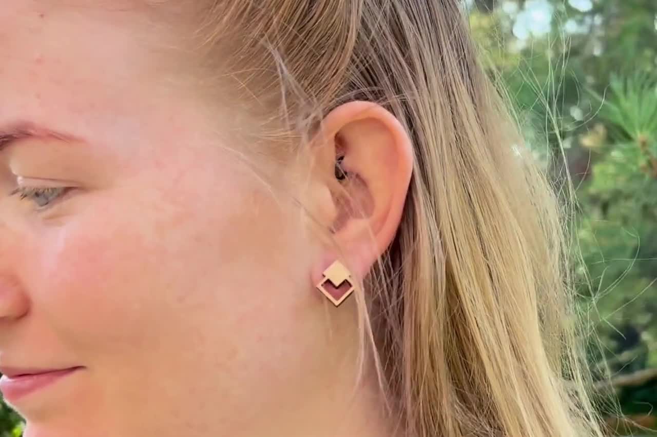 ユウ Wooden Earrings Double Square Stud Earrings Sterling Silver