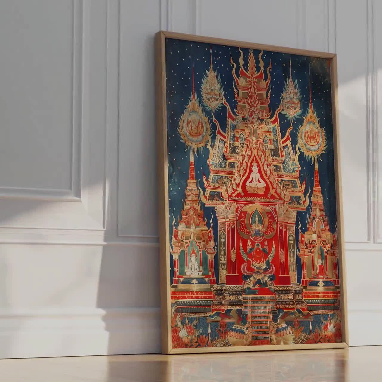 タイ寺院のアートプリント：伝統的な仏教の赤と金のポスター - Etsy 日本