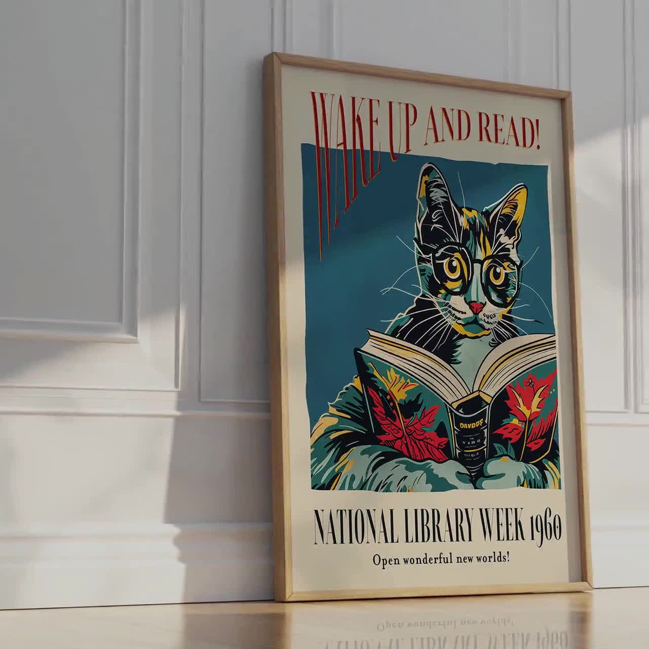 1960年全国図書館週間ポスター：本を読む猫、ヴィンテージスタイル