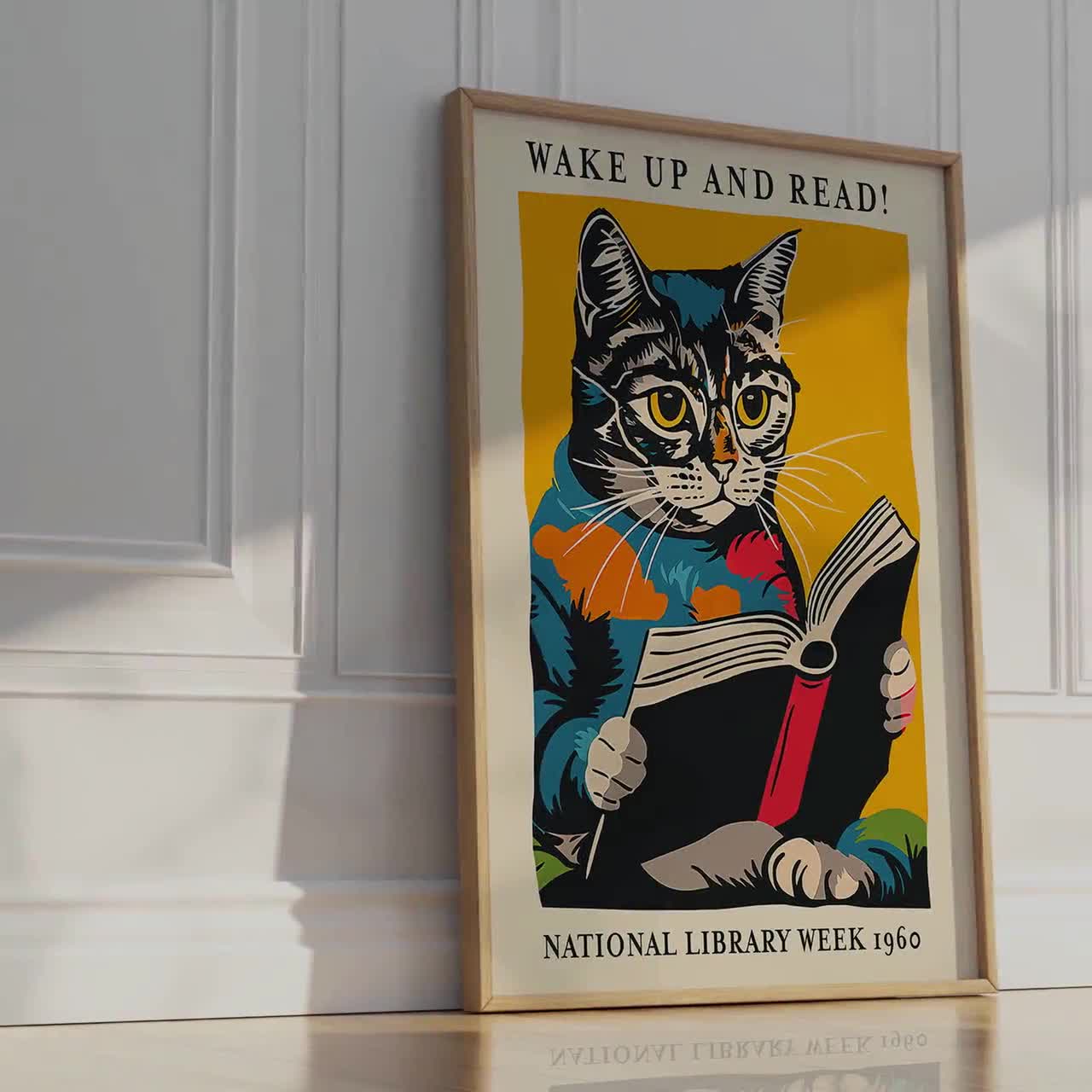 読書する猫のポスター：1960年国立図書館週間ミッドセンチュリー