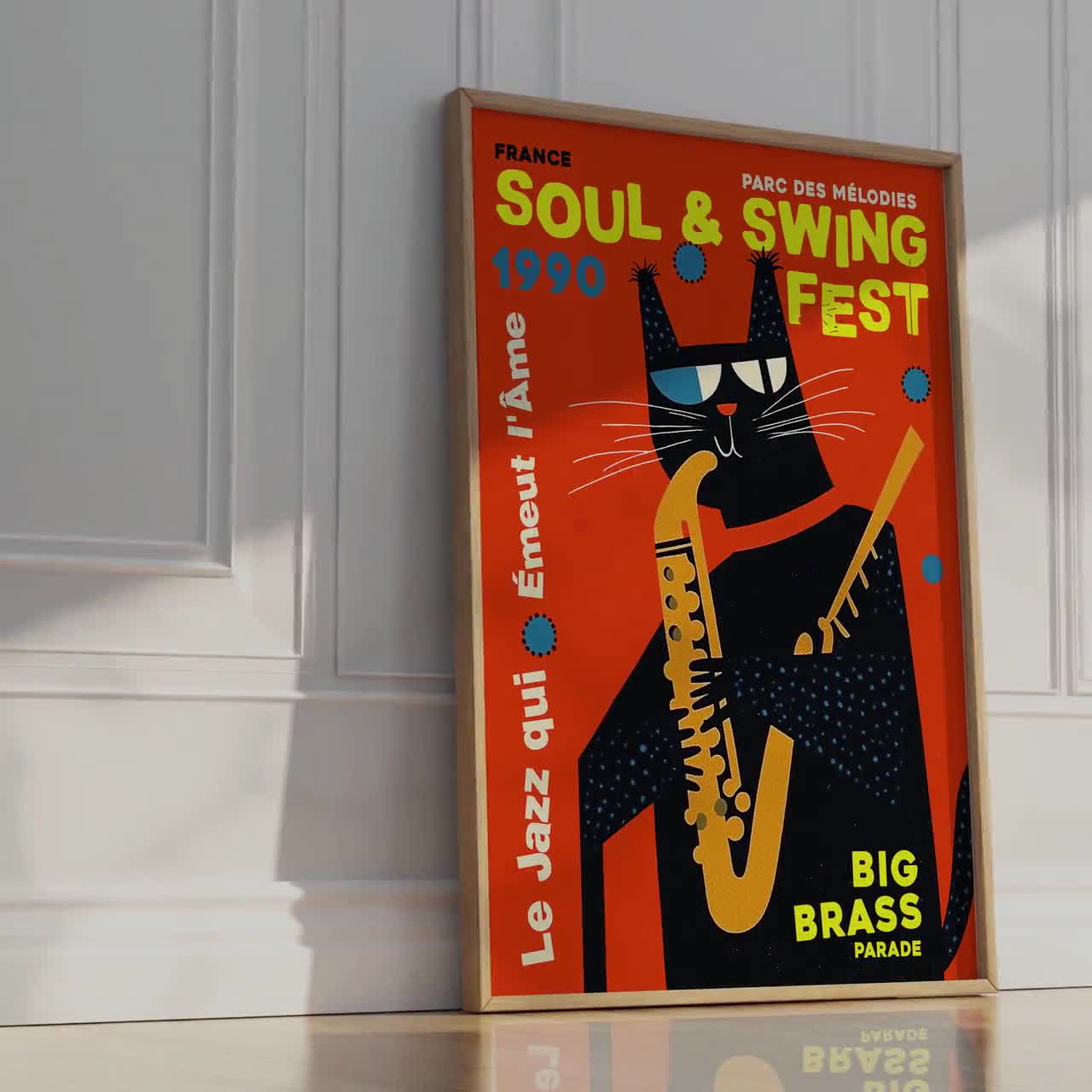 Jazz Cat Saxophone Poster, Retro Soul & Swing Festival Print