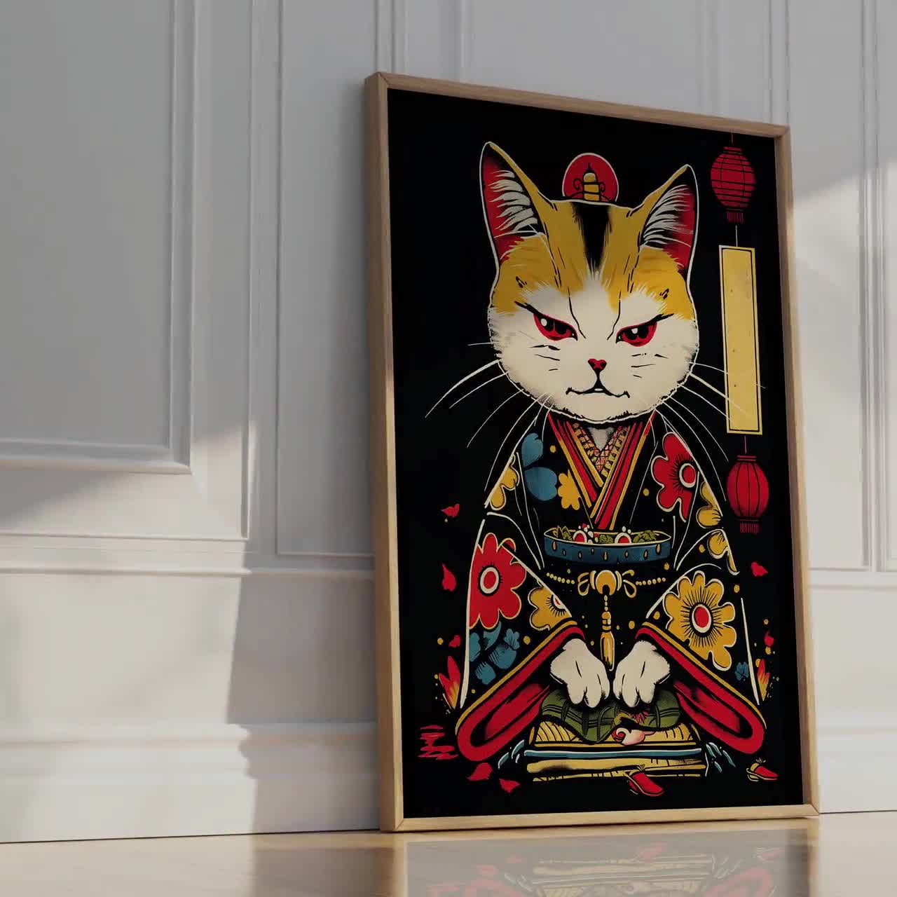 サムライキャットアートプリント - 日本の着物戦士猫イラストポスター