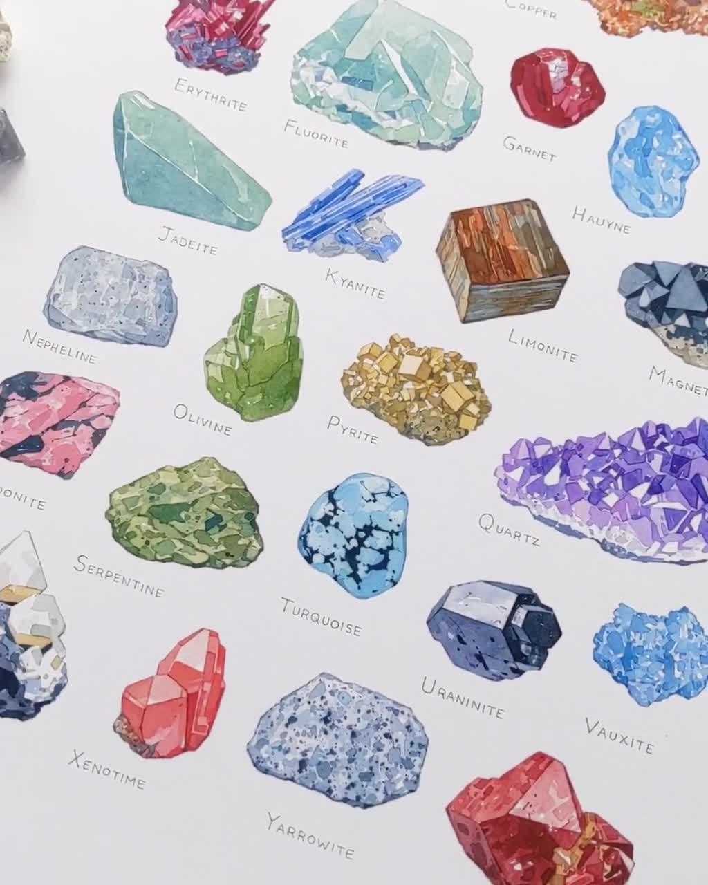 Minerals Watercolor Alphabet Art Print Gemstone Painting Crystal