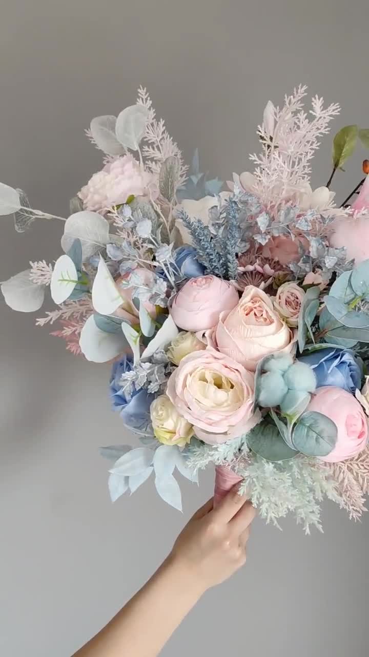 Pink Blue Wedding Bouquet,flowers Wedding Bouquet,boho Wedding Bouquet,bridal  Bouquet,bridal Pink Bouquet,silk Flowers Bouquet, 