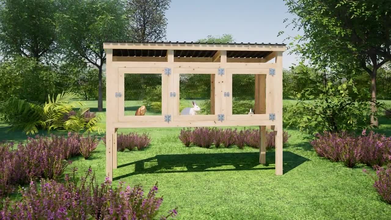 屋外用ウサギ小屋の設計図（ケージ3つ、9 x 3フィート） - PDF説明書