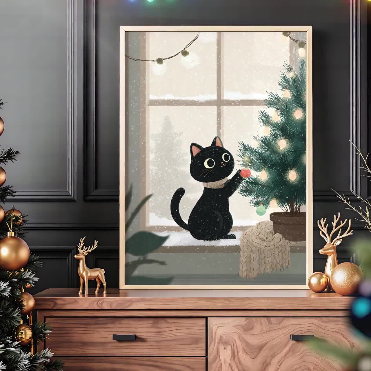 Black Cat Christmas Art Print – Whimsical Retro Holiday Wall Decor
