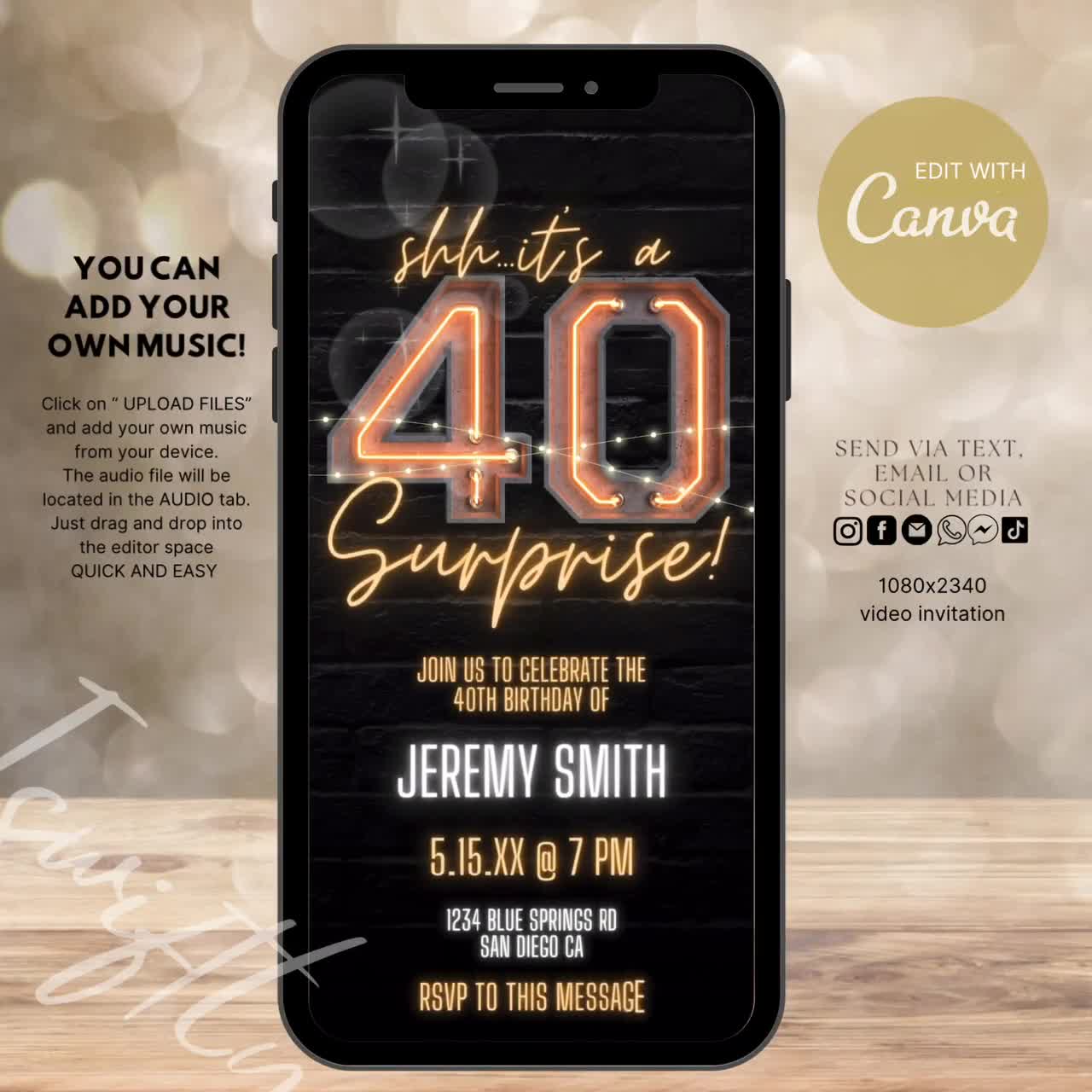 40th birthday editable invitation men birthday ecard,men invitation pm  birthday mobile invitation,video invite adult birthday,digital invite