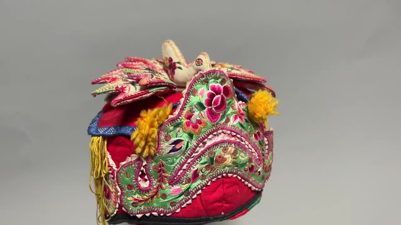 アンティーク中国ミャオ族シルク刺繍帽子ベビーキャップ No:22/23