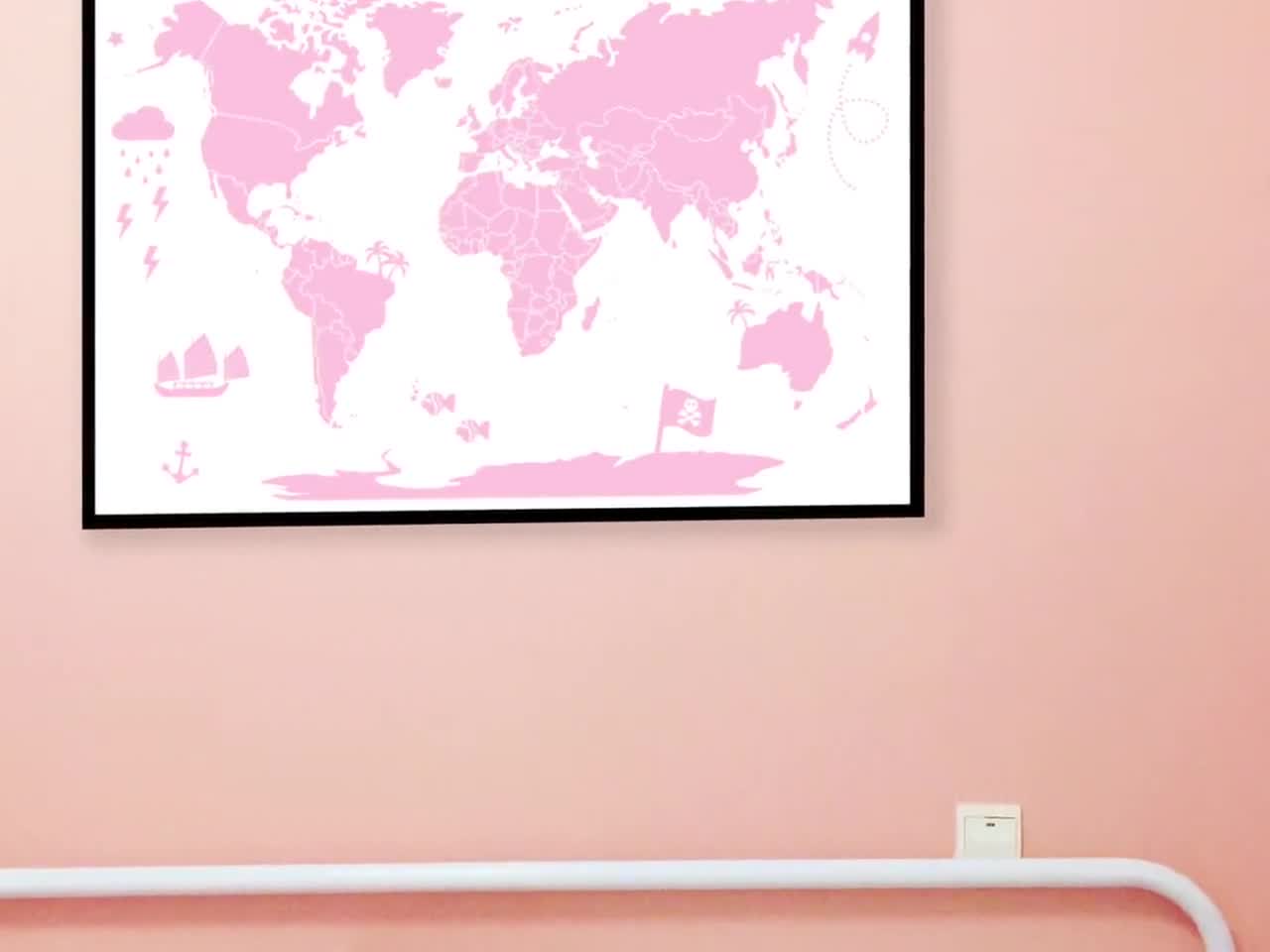 World Map With Country Names | Pink- White | Digital | Educational | Office  | Travel | Walldecor | School | Download | JPG | PDF | Kids