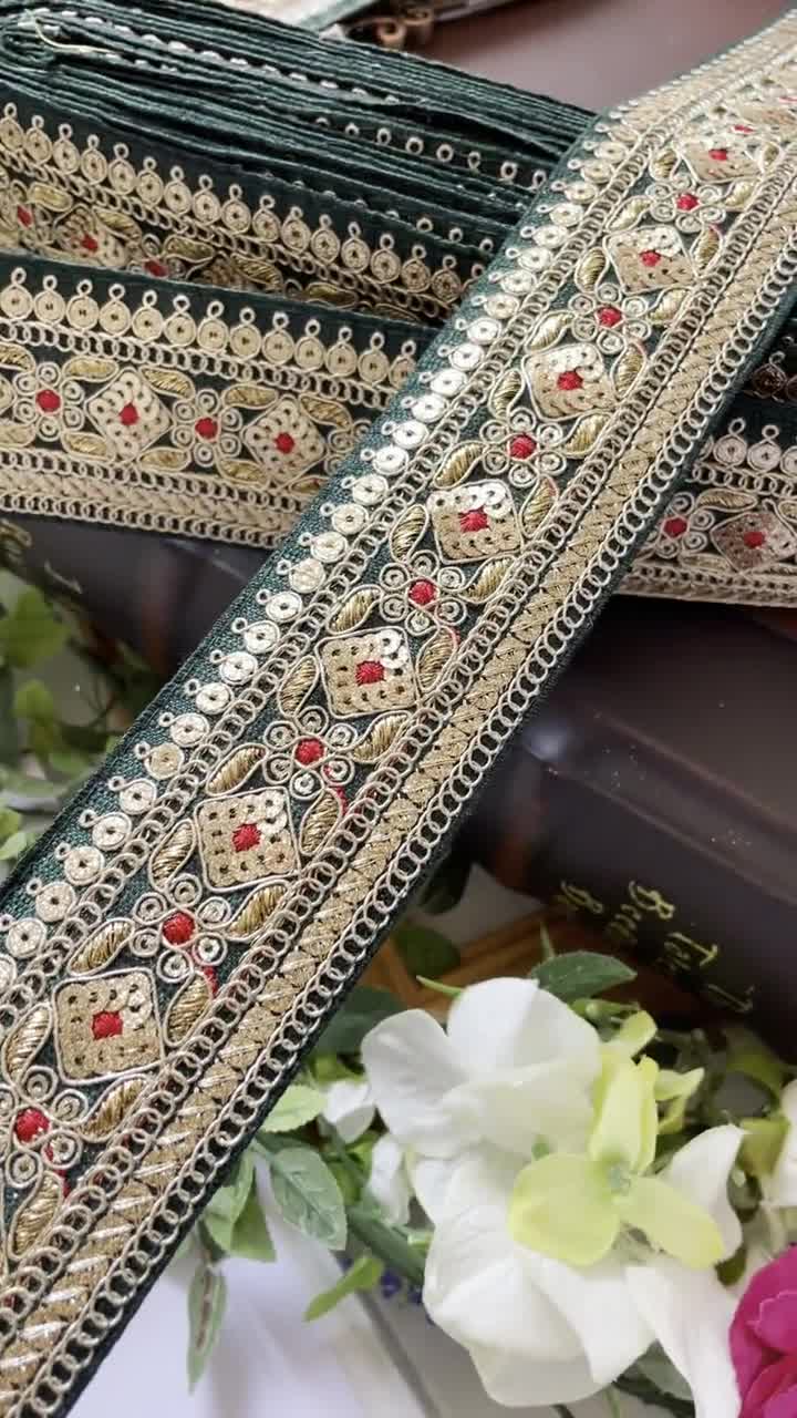 Buy 9.5 Yards Bridal Bottle Green Red, Rose Gold Zari Badla Work, Embroidered  Fabric Dupatta Sari Border Lace Trim Indian Width 5.2 Cm Wide Online in  India 