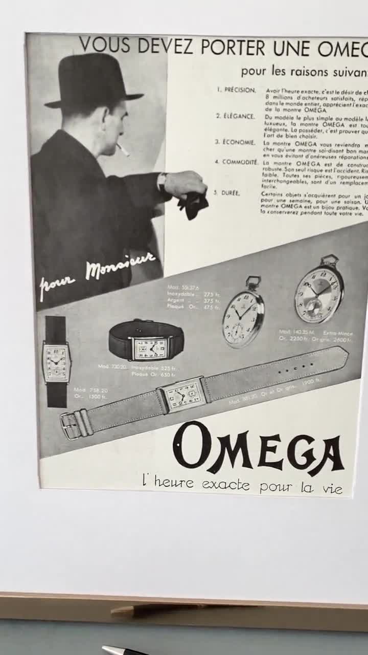Original 1930s Vintage Omega Watch Ad Print: Mid-century Modern
