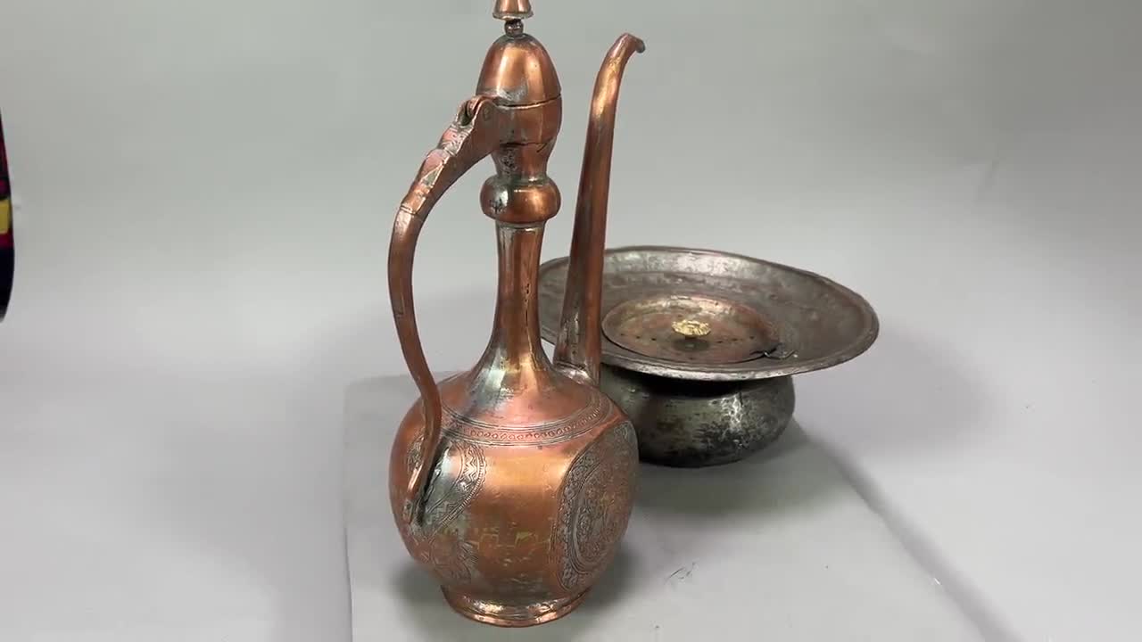 Antique Engraved Copper Ewer Pitcher & Basin Set From Afghanistan