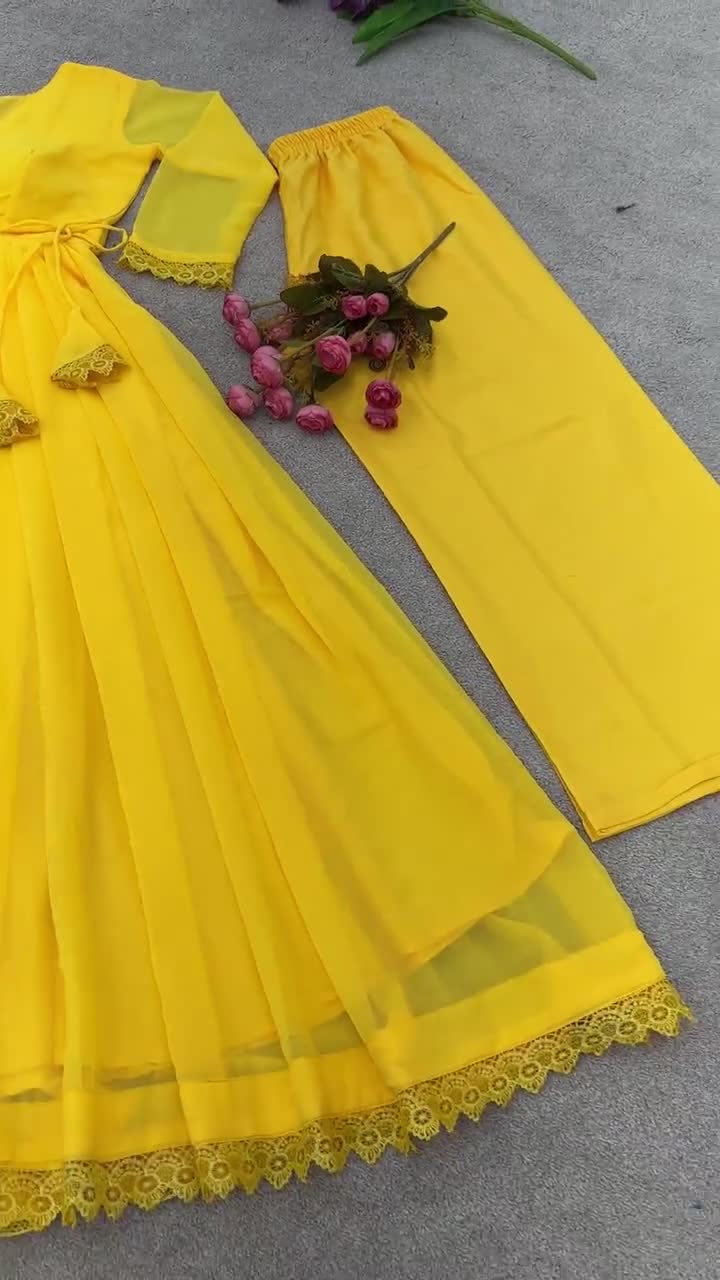 Heena Khan Yellow Gown for Haldi Ceremony Gown With Digital Print Pant and  Dupatta in USA, UK, Malaysia, South Africa, Dubai, Singapore