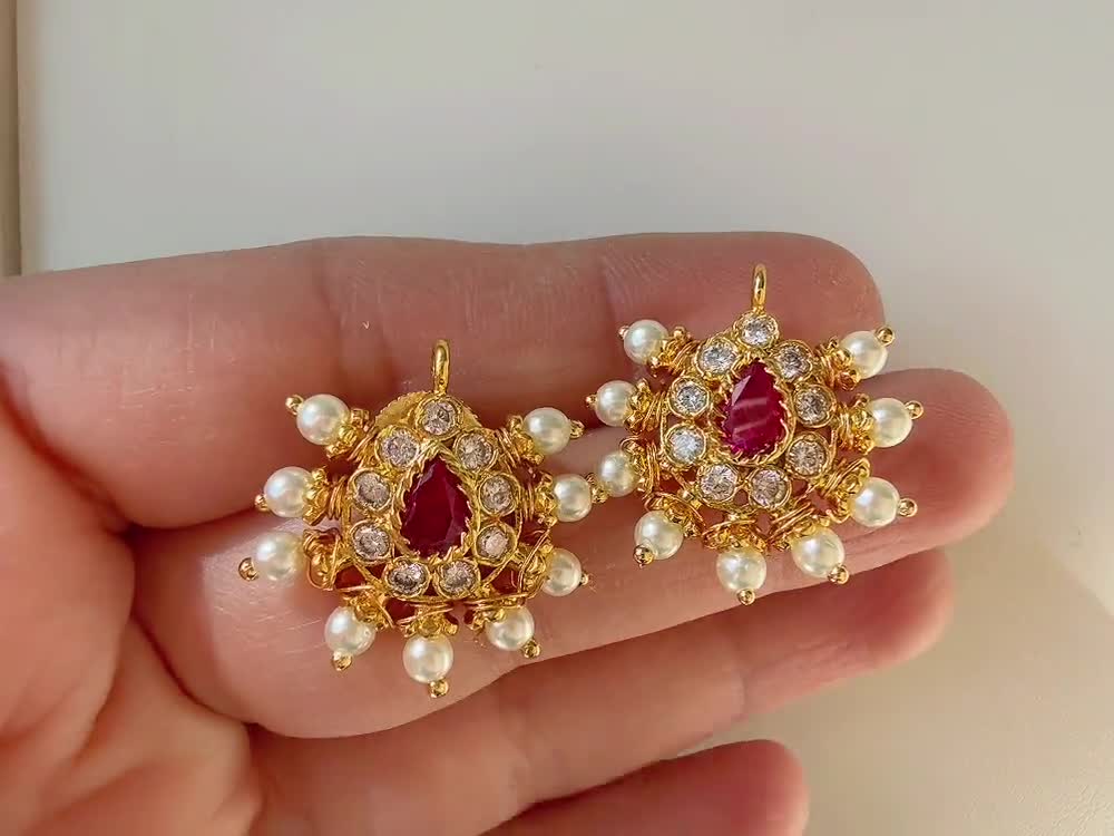 Ruby Stud Earrings/1gm Gold Plated Earrings /ruby Temple Studs