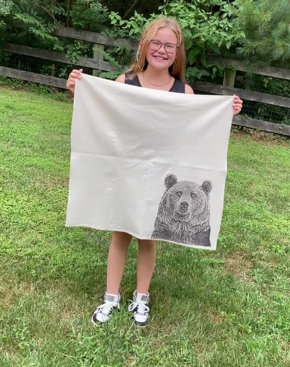 Brown Bear Tea Towel, Grizzly Tea Towel, Bear Kitchen Towel - Hand Printed  Flour Sack Tea Towel