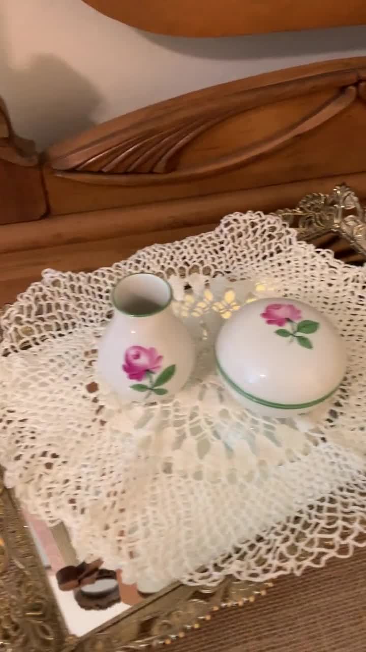 Vintage Augarten Wien Pink Rose Porcelain Trinket Box & Vase Set