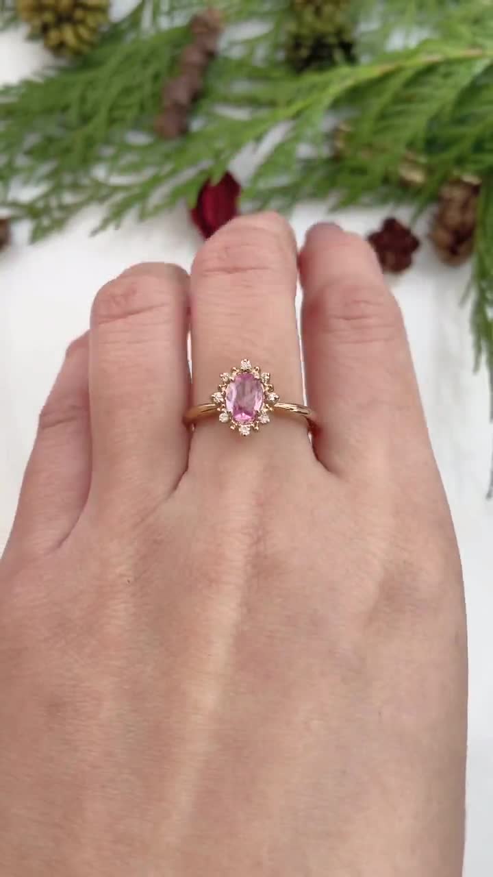 Blush Pink Sapphire Engagement Ring. Light Peach Pink Sapphire Oval Diamond Ring 14K Rose Gold Ring Campari Engagement Ring by Eidelprecious