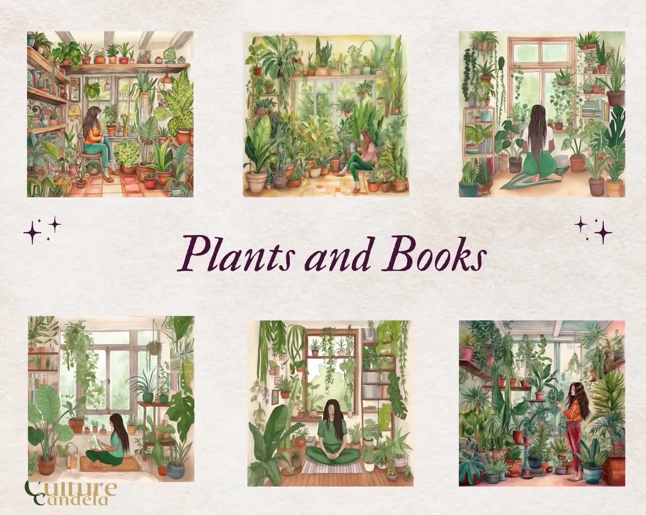 Watercolor Books and Plants Lover Woman and Nature Home picture